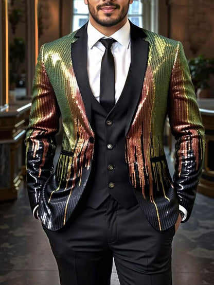 Shiny Sequin Tuxedo Jacket for Men - Royal Blue & Gold Gradient, Black Lapel, Formal Party/Wedding/Stage Wear? Coat.