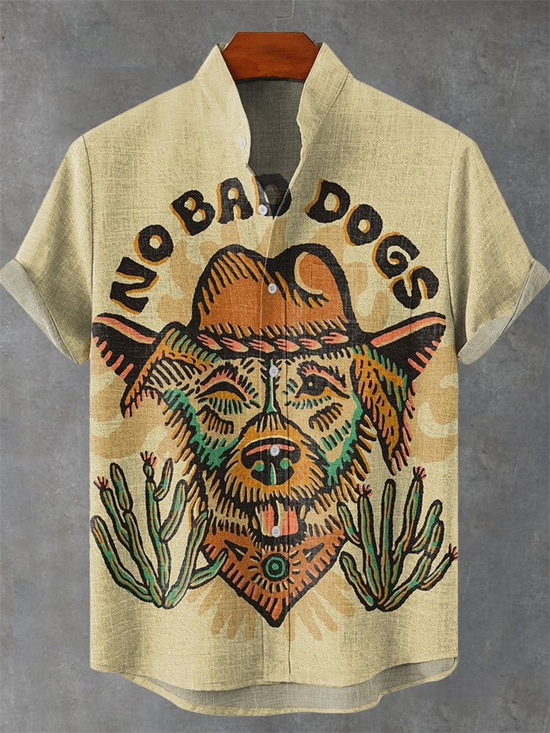 Men's Linen Short Sleeve Shirt Casual Top Single Button Vintage Cartoon And Art Cat Summer Print Top