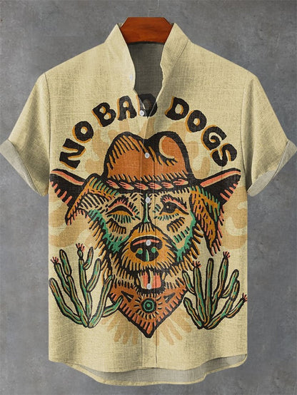 Men's Linen Short Sleeve Shirt Casual Top Single Button Vintage Cartoon And Art Cat Summer Print Top