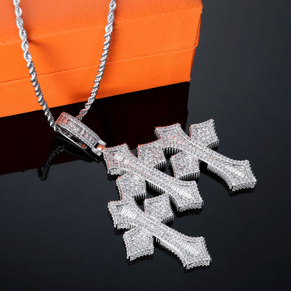 High Quality 3Inch Mens Hip Hop Cross Pendant New Release Iced out Triple Cross with Stone Charm Necklace Made Brass