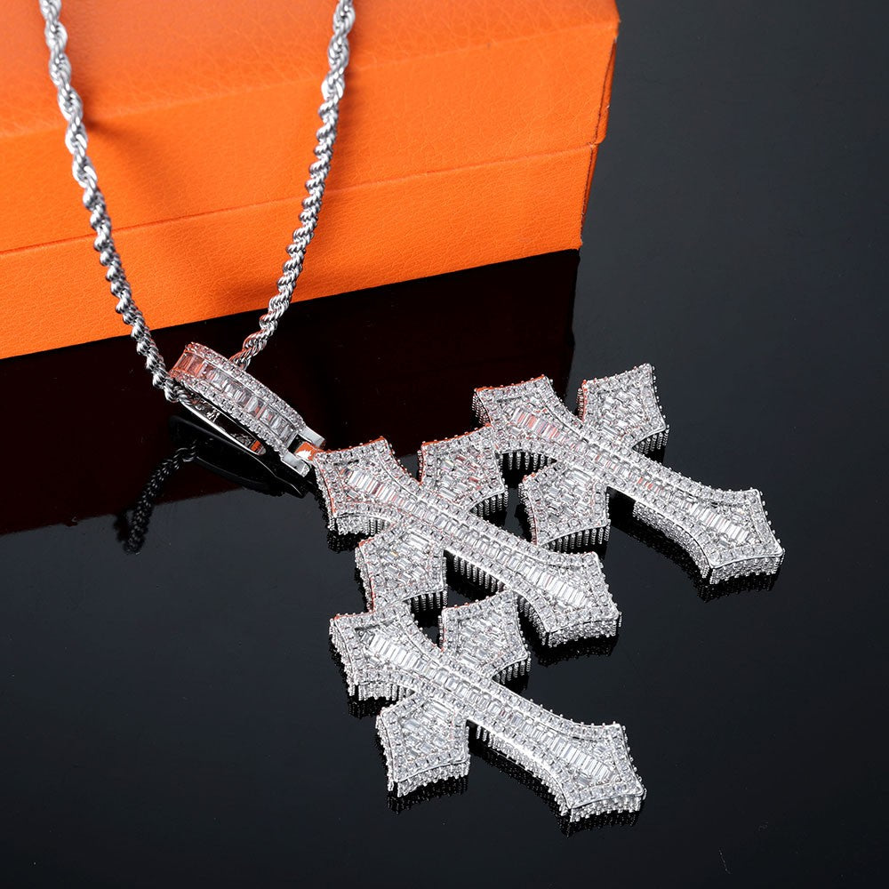 High Quality 3Inch Mens Hip Hop Cross Pendant New Release Iced out Triple Cross with Stone Charm Necklace Made Brass