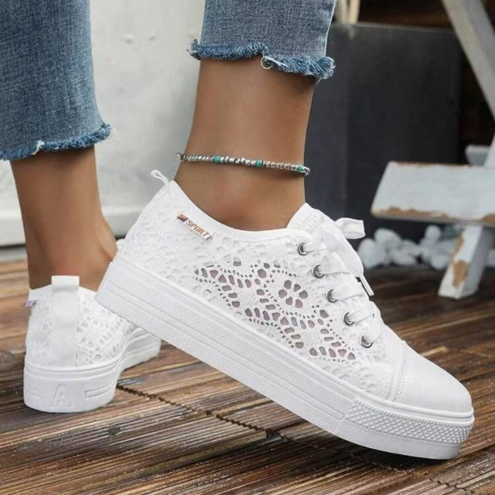 Women Shoes Fashion Summer Casual White Shoes Cutouts Lace Canvas Hollow Breathable Platform Flat Shoes Woman Sneakers