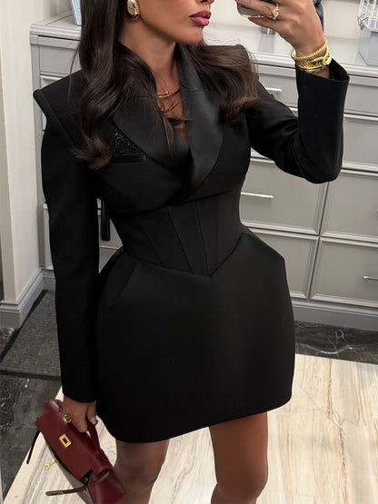 Fashion Solid Cinched-waist Mini Dress Women Elegant Lapel Full Sleeve V-neck A-line High Waist Dresses Lady Office Commute Gown