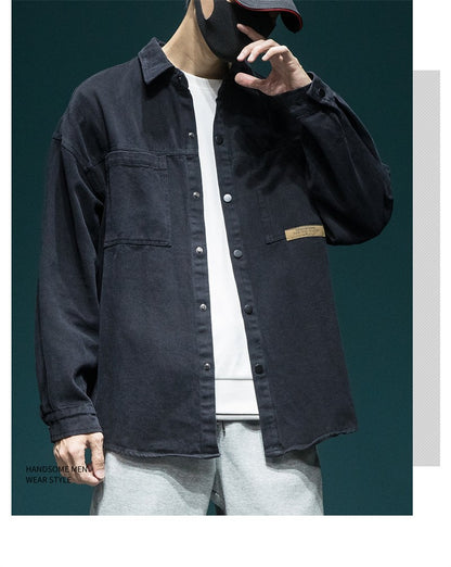 Autumn Men's Long Sleeve Cargo Shirt Casual Korean Fashion Oversize Blouses Hombre 2025 New High Street Y2K T Shirt Baggy Jacket
