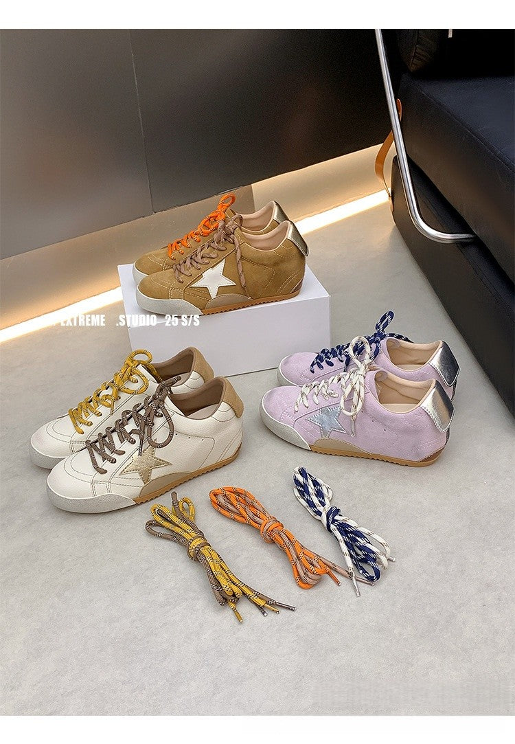 6cm de Elevação Interna Cadarços de Pato Mandarim Estrela Sapatos Sujos Femininos Vintage Sola Grossa Versátil Tênis Casual