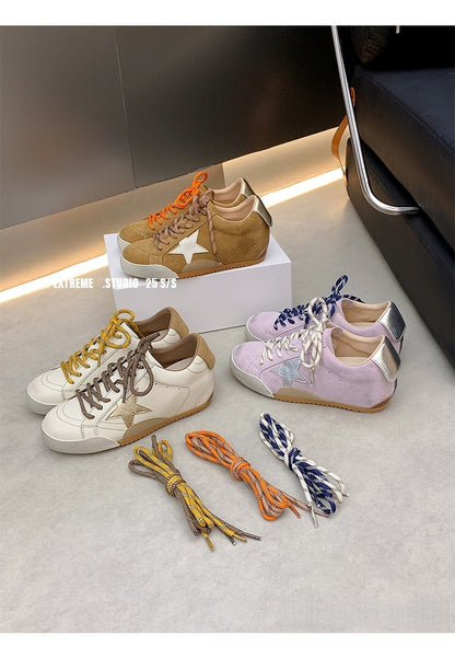 6cm de Elevação Interna Cadarços de Pato Mandarim Estrela Sapatos Sujos Femininos Vintage Sola Grossa Versátil Tênis Casual