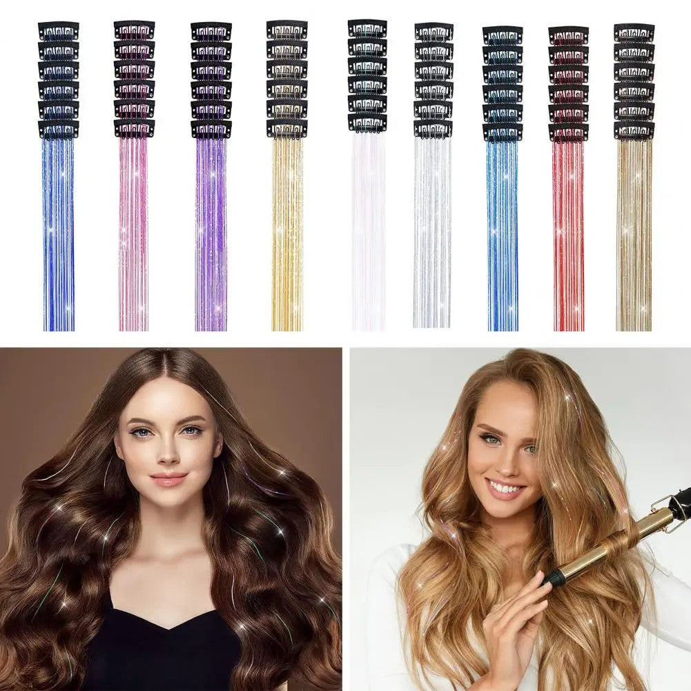 6 peças de extensões de cabelo brilhantes de 50 cm, extensões de cabelo sintéticas, presilhas de cabelo para trançar, chapéus femininos