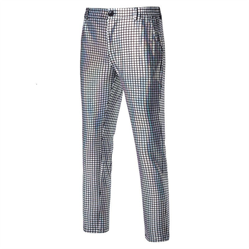 Novas Calças Masculinas Luxuosas de Terno Xadrez com Lantejoulas Moda Masculina Festa de Dança Bar KTV Casual Calças Pequenas Elásticas