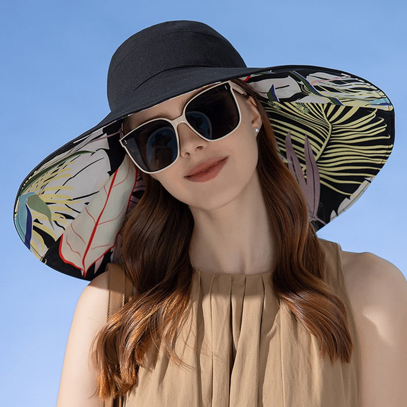 Xinbaoguan 100%poliéster8240Chapéu de pescador de aba dupla alargada NOVO transfronteiriço feminino Chapéu de sol de verão Chapéu de sol fashion