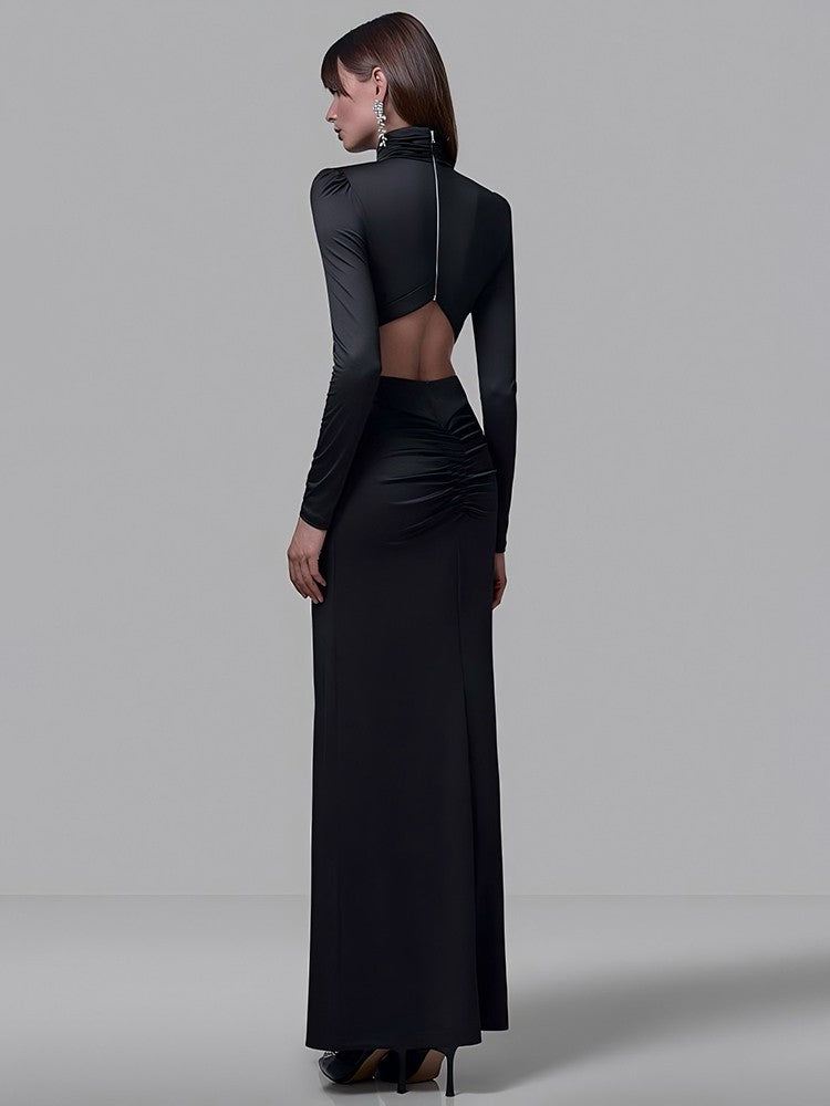 Mozision Turtleneck Backless Sexy Maxi Dress Women Gown Autumn Winter Elegant Long Sleeve Thigh High Split Club Party Long Dress