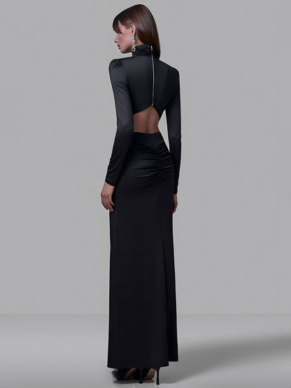 Mozision Turtleneck Backless Sexy Maxi Dress Women Gown Autumn Winter Elegant Long Sleeve Thigh High Split Club Party Long Dress