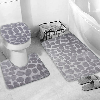 Memory Foam Bath Mat Set 3 Piece with Toilet Lid Cover and Rug Set Combo Toilet Floor Rug Light Grey Geometry