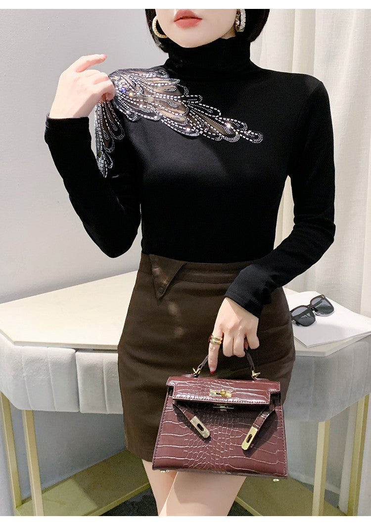 2025 European Station Long Sleeve Women Tees Autumn Winter New Stand collar Hot Diamond T Shirt Fashion Slim Mesh Tops