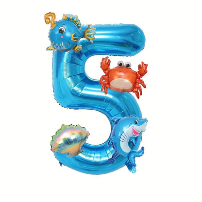 5Pcs Mini Blue Ocean Balloon Set Blue Number Balloon Set Ocean Animals Shark Crab Themed Birthday Party Decorations Gifts