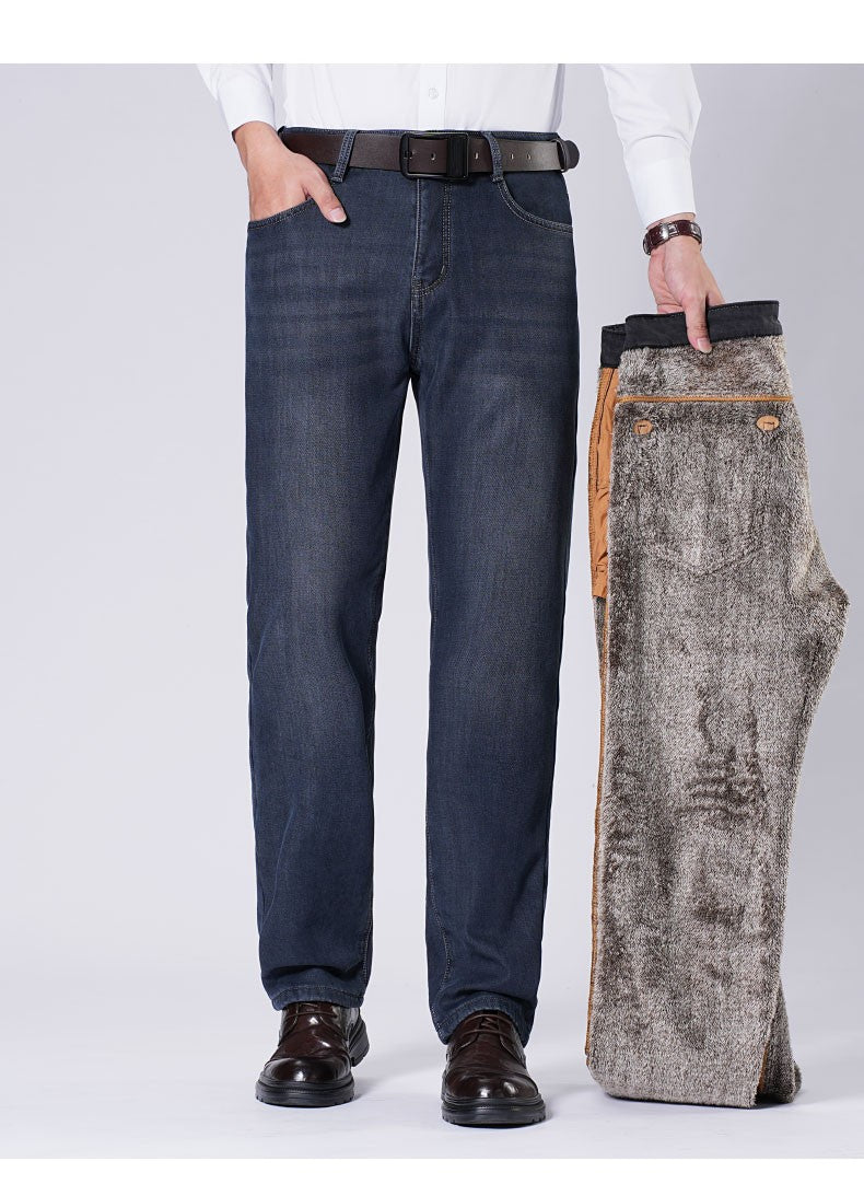 Men's Fleece Straight Leg Jeans Winter Thick Warm Business Casual Velvet Pants Elastic Loose Trousers Outdoorwear