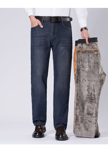 Men's Fleece Straight Leg Jeans Winter Thick Warm Business Casual Velvet Pants Elastic Loose Trousers Outdoorwear