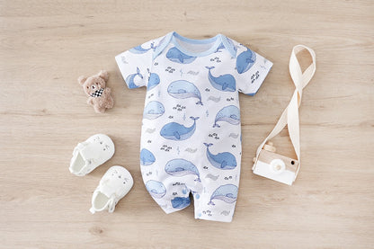 IURNXB Baby Romper Short Sleeve Infant Whale Print Bodysuit Newborn Cartoon Allover Printed Onesie for Boy's Clothing 0-18M