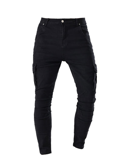 Calça Jeans Masculina Cargo Elástica Slim Fit Masculina Calça Jeans Cor Sólida Multi Bolsos Casual Skinny Calças Masculinas Roupa Masculina