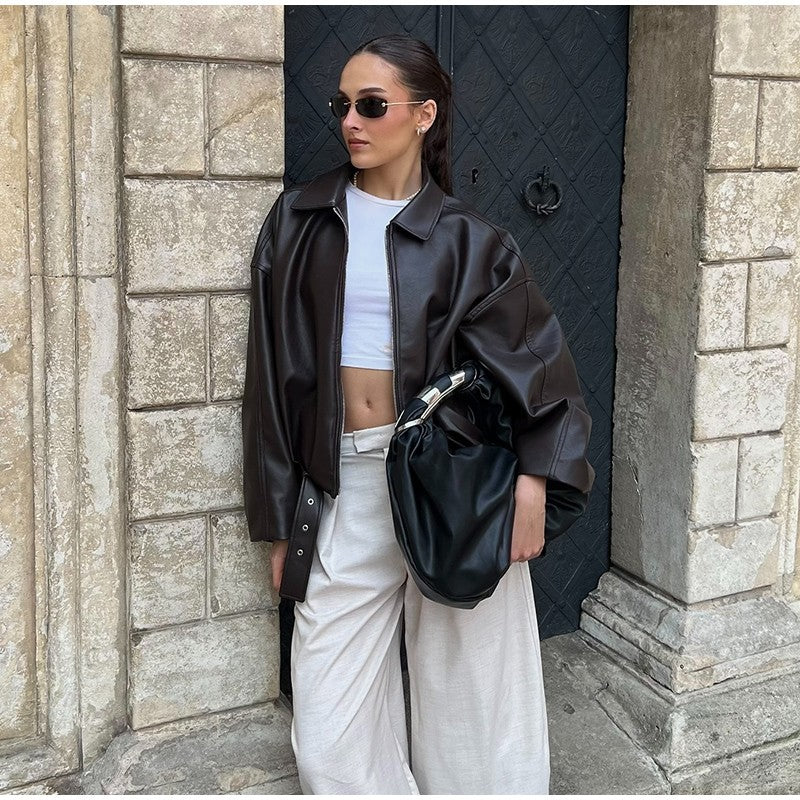 Vintage PU Leather Bomber Jackets 2025 Autumn New Ladies Zipper Lapel Long Sleeve Pocket Coat With Belt Women's Loose Streetwear