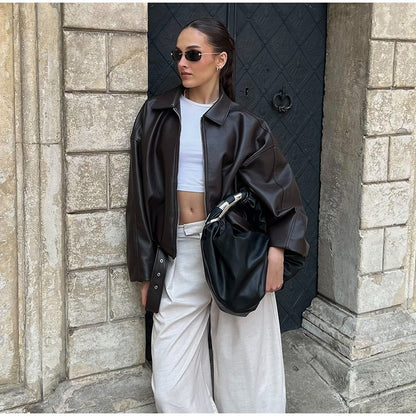 Vintage PU Leather Bomber Jackets 2025 Autumn New Ladies Zipper Lapel Long Sleeve Pocket Coat With Belt Women's Loose Streetwear