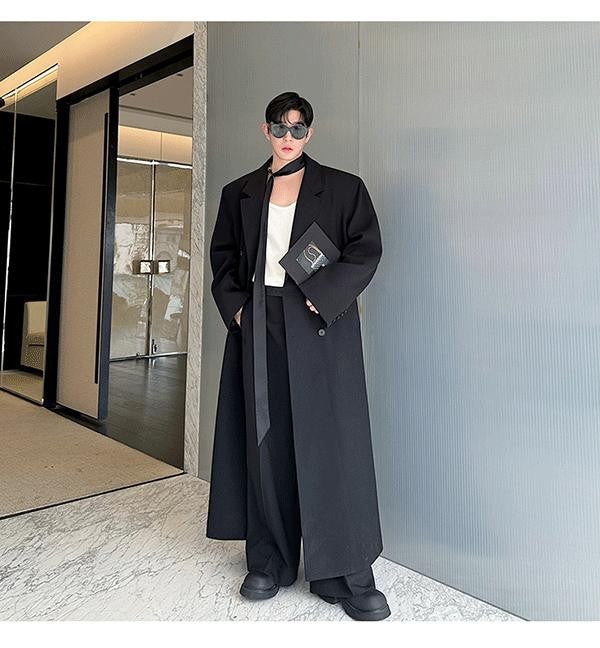 Mauroicardi Spring Autumn Extra Logn Black Oversized Flowy Soft Trench Coat for Men with Back High Slit Loose Casual Overcoat