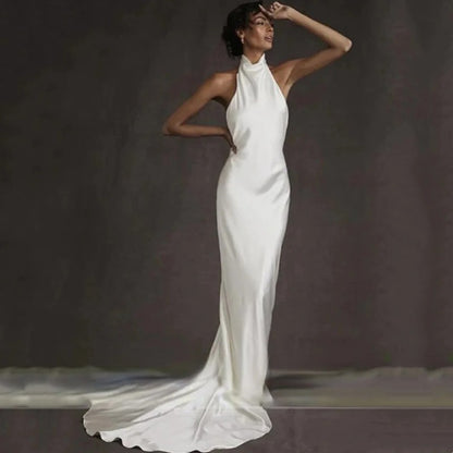 Customized Simple Mermaid White Wedding Dress Sexy Backless Bridal Halter Sleeveless Gown Vestido Elegant Floor-Length 2025