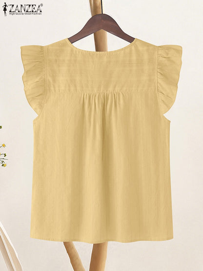 2025 ZANZEA Summer Elegant Shirt Women Sleeveless Holiday Blouse Stylish Tanks Tops Casual Solid Cotton Camis Mujer Blusas Femme
