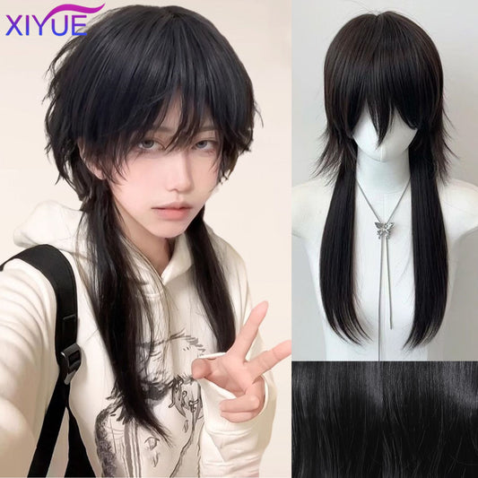 Wolf tailed Mullet Wig Mullet Head Wigs with Bangs Synthetic Straight Anime Men red Hair Wig for Daily Party Cosplay