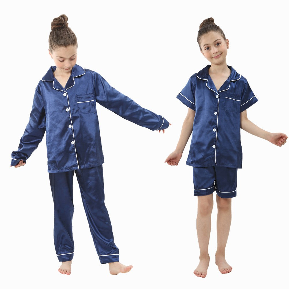 2 to 14 Years Boys Girls Pajamas Sets Kids Silk Satin Top Pant Long/Short Sleeve Solid Pyjamas Suits Nightgown Child Sleepwear