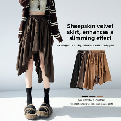 Caramel Suede Half-length Skirt Women's Autumn Winter New Irregular Belt Slim A- Line Midi Umbrella Skirt Comfortable Casual S .