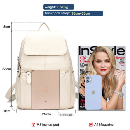 Zency Mochila Feminina Elegante Preta Branca Couro Genuíno Qualidade A++ Antifurto Grande Capacidade Mochila de Viagem Designer