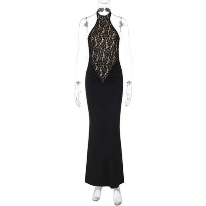 Mozision Lace Halter Backless Sexy Maxi Dress For Women Black Off-shoulder Strap