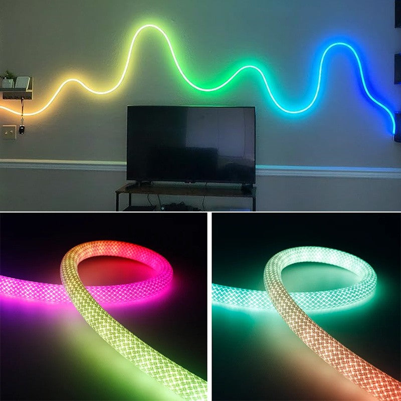 360 Degree Round Reticulate Neon LED Strip with Remote Control,RGBIC Nylon Flexible Dream Colorful Rope Light For Bedroom Living