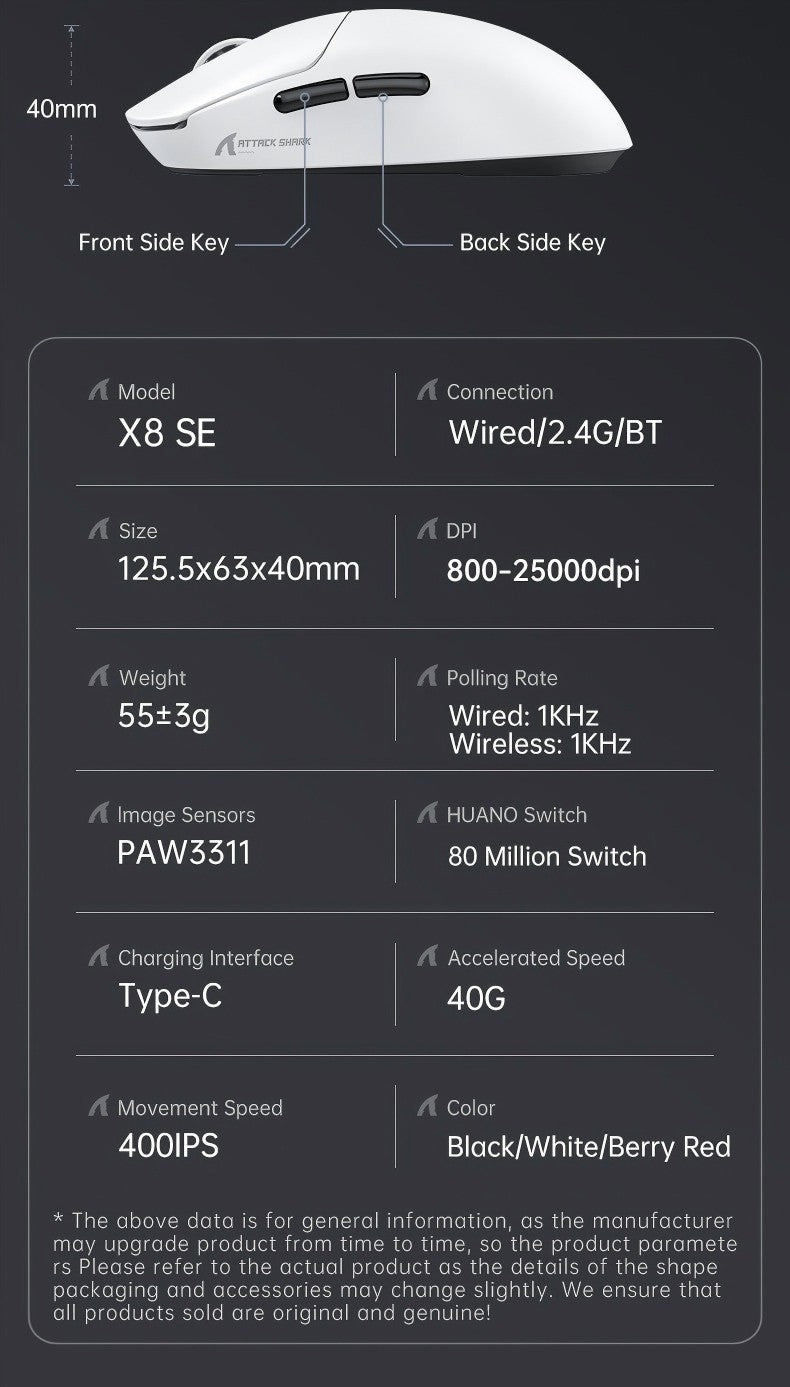 ATTACK SHARK X8 SE Wireless Gaming Mouse,25000 DPI,2.4G Wireless/Bluetooth/Wired Connection, Customized Mouse