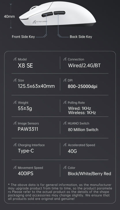 ATTACK SHARK X8 SE Wireless Gaming Mouse,25000 DPI,2.4G Wireless/Bluetooth/Wired Connection, Customized Mouse