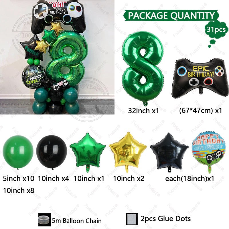 31pcs Gamepad Theme Balloon Green Number Birthday Balloon Set Game Theme Party Decoration Birthday Surprise Gifts