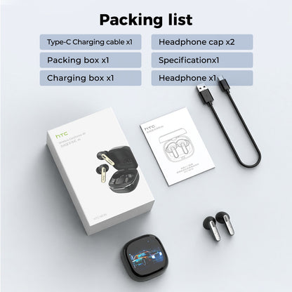 Bluetooth Headphones HTC Wireless Earphones Full HD LCD Display Earpiece Noise Canceling Earbuds Comfortable for Music Sport