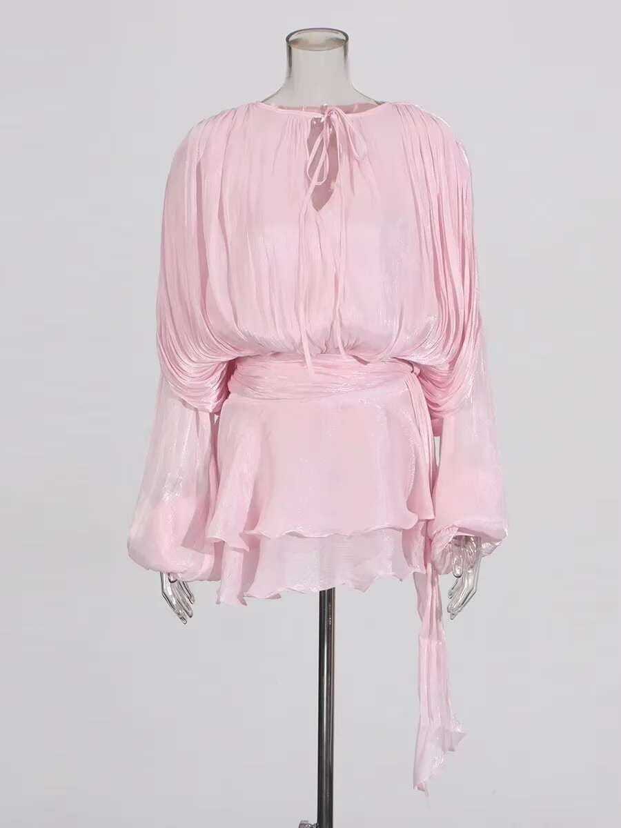 TWOTWINSTYLE Solid Blouse Mini Dresses For Women V Neck Long Sleeve Spliced Lace