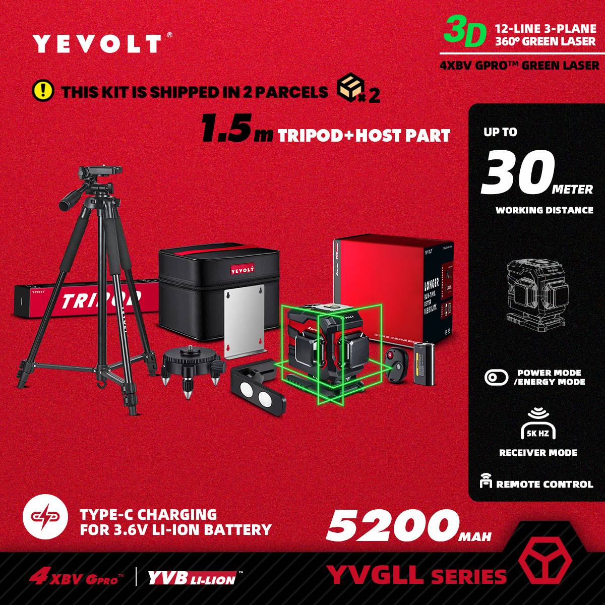 Nível a Laser Verde YEVOLT Série YVGLL4XS12T 3 Planos 12 Linhas Autonivelante 360 3D Horizontal & Vertical Ferramentas de Medição de Energia