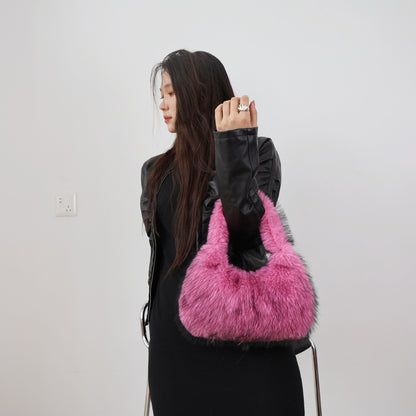 Solid Color Plush Dumpling Bag Simple Style Niche Design Faux Fur Handbag Tote Small Women's Underarm Hobo Bag