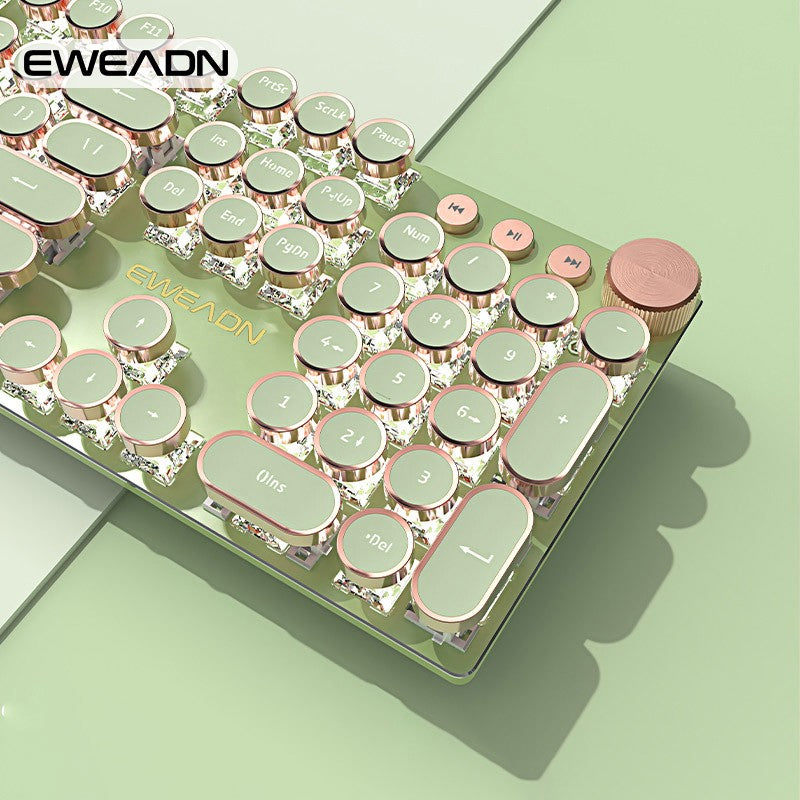 EWEADN V20 Punk Typewriter Teclado Mecânico para Jogos, 104 Teclas Redondas com Retroiluminação LED Branca, Design de Cabo Removível