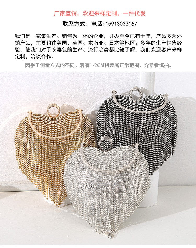 Rhinestone Evening Bag Heart Pattern Silver Handbag Womens Diamond Tassel Banquet Clutch And Purse Wedding Bridal Prom Wallets