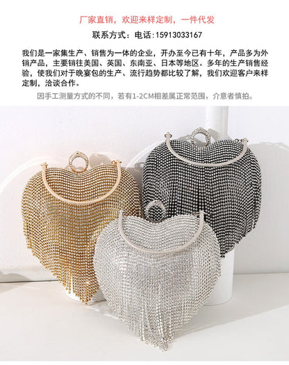 Rhinestone Evening Bag Heart Pattern Silver Handbag Womens Diamond Tassel Banquet Clutch And Purse Wedding Bridal Prom Wallets