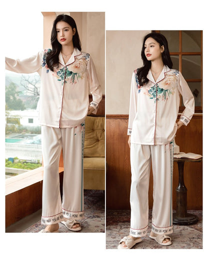 Lightweight Long-Sleeve Silk Pajamas Set for Young Girls French-Style Casual Homewear Nightwear Women's Comfortable Sleepwear