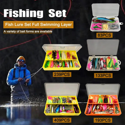 Kit de Iscas de Pesca 83/133/193/239/409 peças para Truta/Lúcio/Baixo, Conjunto de Iscas Múltiplas, Caixa de Pesca Profissional em Camadas