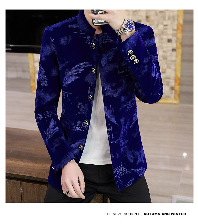 Luxury Retro Velvet Suit Jacket for Men Fashion Slim Fit Stand Collar Blazer Masculino Casual Business Wedding Dress Coat