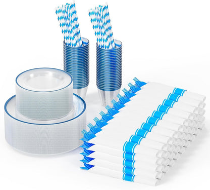 Elegante Conjunto de Pratos Descartáveis Azuis e Transparentes para Festa - Kit de Louça para 50 Convidados Novo
