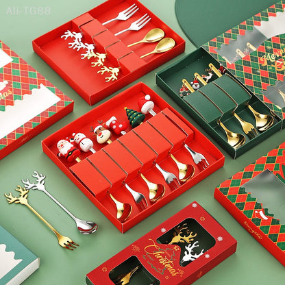 Stainless Steel Christmas Fork And Spoon Set with Gift Box for Coffee Tea Dessert Tableware