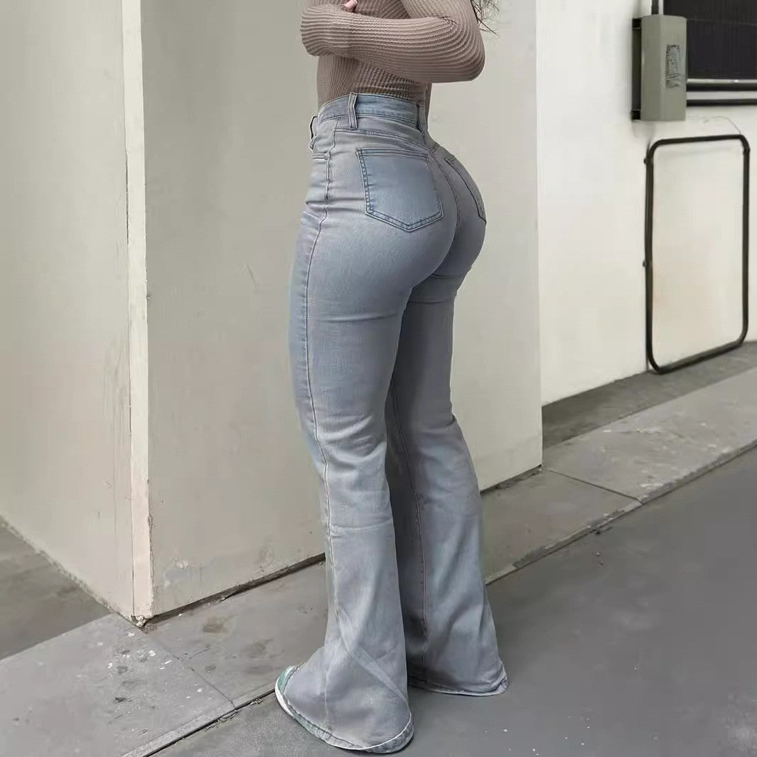 Men Jeans Boot Cut Solid Jean Wide Leg Denim Pant Distressed Washed Full Ankle Length Pockets Zipper Fly High Waist Basics