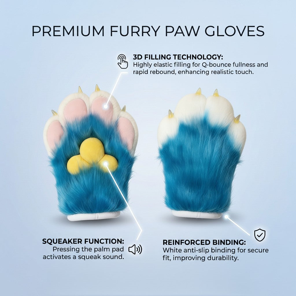 Realistic Fursuit Paws Gloves Soft Plush Furry Animal Paws with Claws for Cosplay Halloween Party Unisex Adult